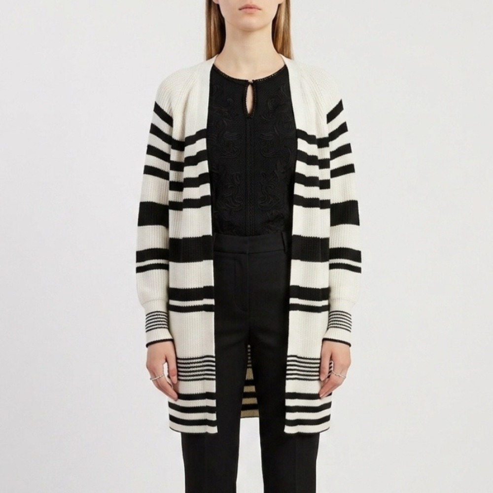 Simona Corsellini Striped Cotton Longline Cardigan White Black Size Large NWT